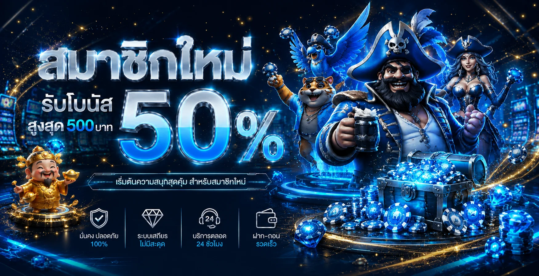 โปรโมชั่นสมาชิกใหม่ XO KING พร้อมตัวละครสล็อตโทนน้ำเงินทอง